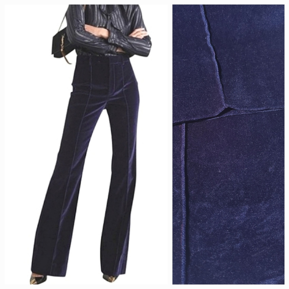 NWT Saint Laurent Womens Blue Velvet Wide Leg Flare Trousers Pants - Sz 12 Glam